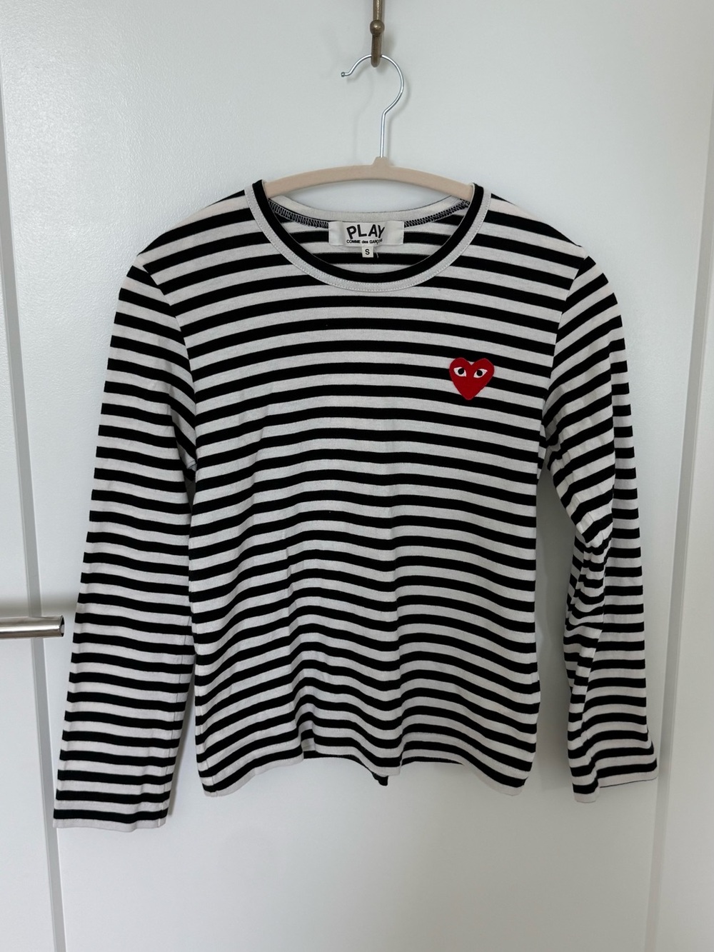 Comme des Garçons Black & White Striped Long-Sleeve Tee with Red Heart